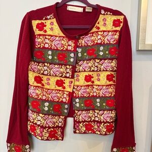 Anthropologie Sleeping on Snow Red Floral Embroidered Cardigan size L